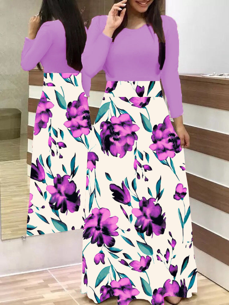 Long Dresses Autumn Flower Color Matching Dresses Women's Clothing