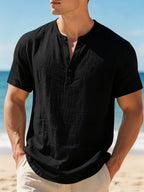 Men's Cotton Linen Henley Shirt Lightweight Breathable Casual Beach Summer Top