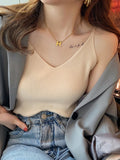 Solid V-Neck Elastic Knitted Suspender Camis, Korea Summer Tops New, Women's Tanks Clothing Basics Shirt
