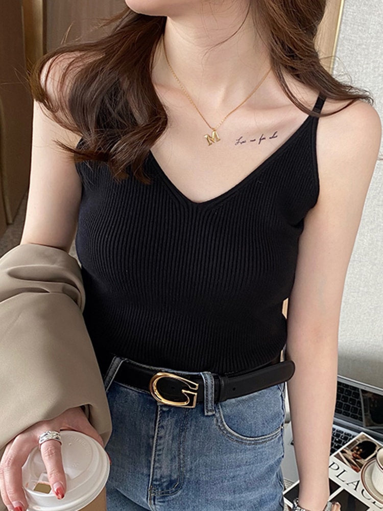 Solid V-Neck Elastic Knitted Suspender Camis, Korea Summer Tops New, Women's Tanks Clothing Basics Shirt