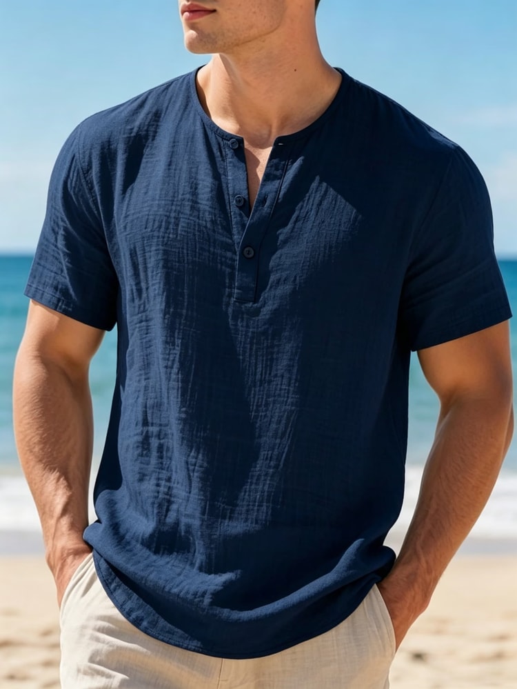 Men's Cotton Linen Henley Shirt Lightweight Breathable Casual Beach Summer Top