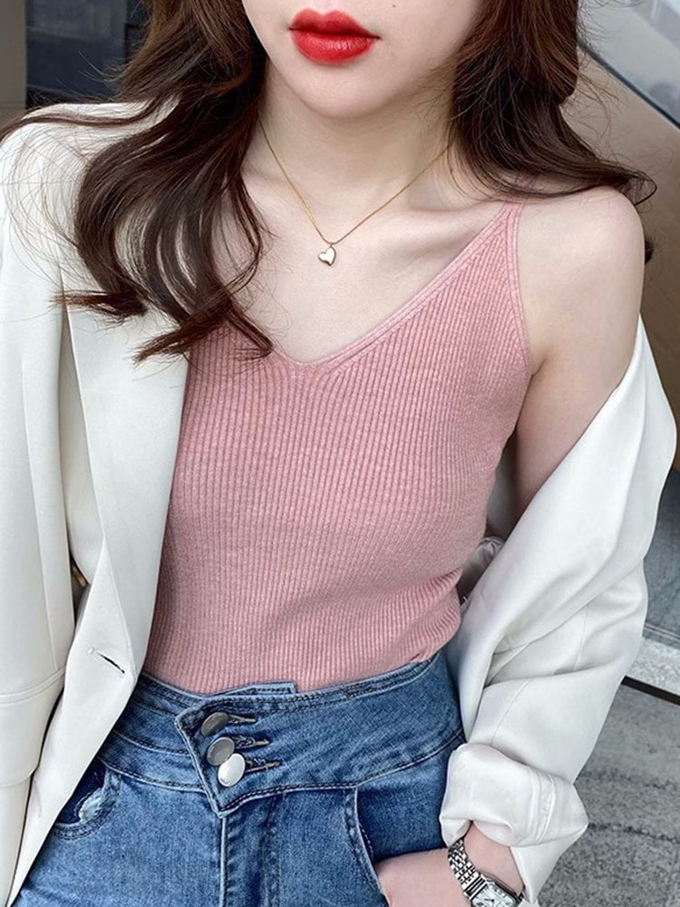 Solid V-Neck Elastic Knitted Suspender Camis, Korea Summer Tops New, Women's Tanks Clothing Basics Shirt
