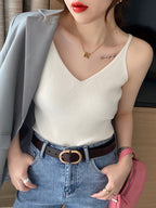 Solid V-Neck Elastic Knitted Suspender Camis, Korea Summer Tops New, Women's Tanks Clothing Basics Shirt