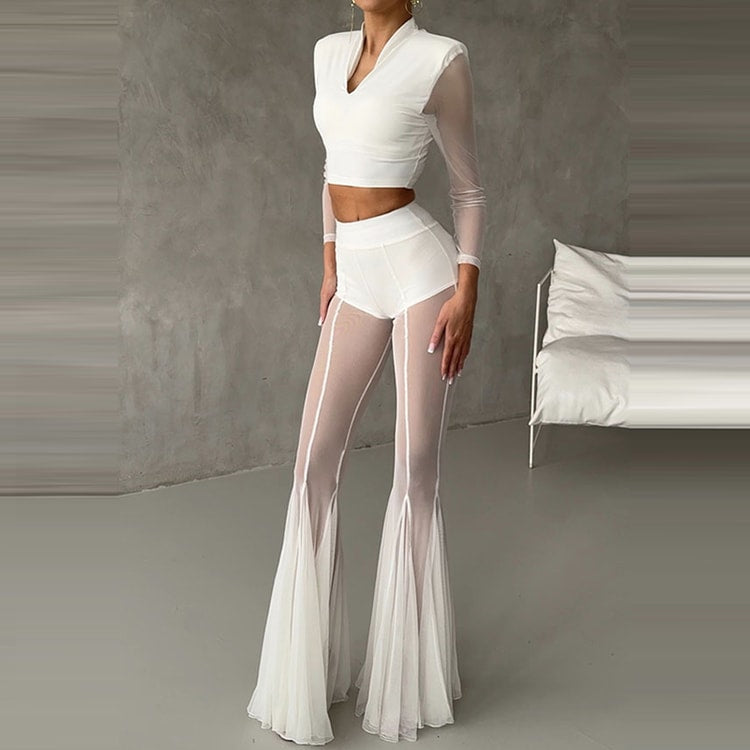 Aura High Waist Mesh Flare Pants – Elegant Sheer Wide Leg Trousers for Chic Summer Styling