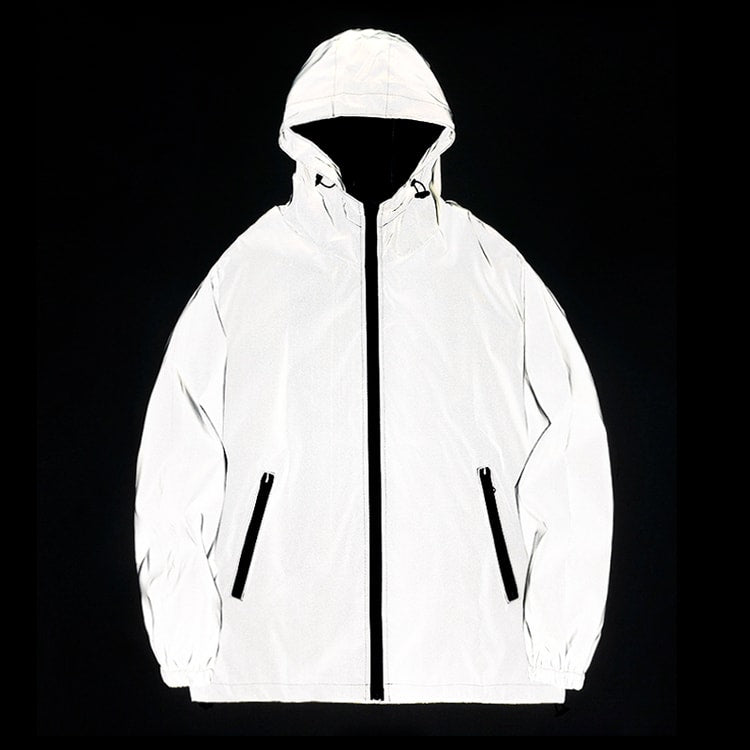 Mens Night Reflective Jackets with Hood, Double Fabric Hip Hop Windbreaker, Waterproof Zipper Coats & Stylish Outwear