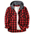 Classic Plaid Shirt for Men, Hooded Flannel Jacket, Casual Button Down with Long Sleeves and Double Pocket Spring Autumn