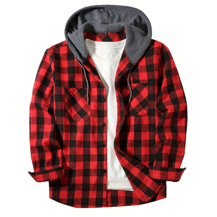 Classic Plaid Shirt for Men, Hooded Flannel Jacket, Casual Button Down with Long Sleeves and Double Pocket Spring Autumn