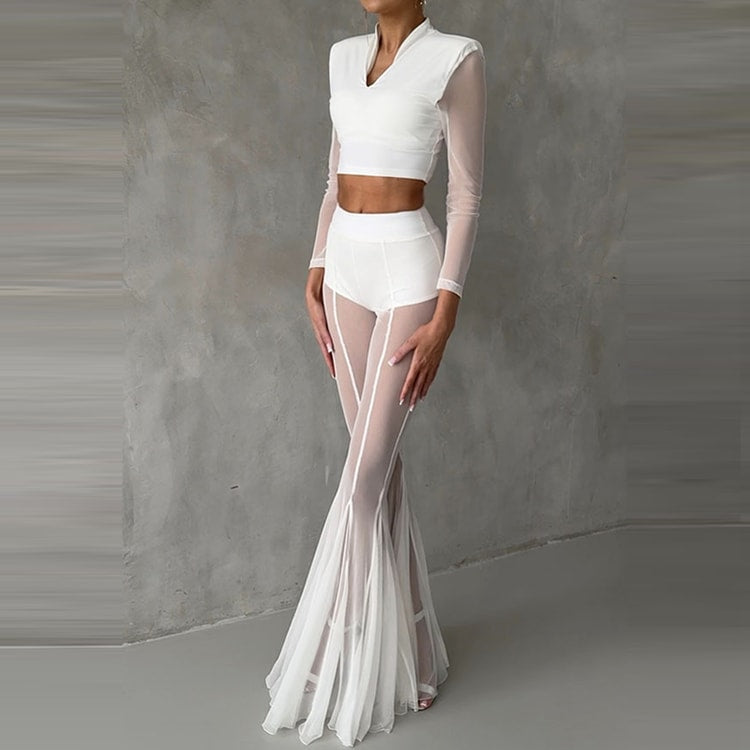 Aura High Waist Mesh Flare Pants – Elegant Sheer Wide Leg Trousers for Chic Summer Styling