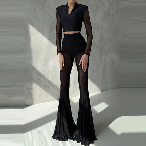 Aura High Waist Mesh Flare Pants – Elegant Sheer Wide Leg Trousers for Chic Summer Styling