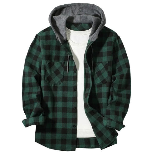 Classic Plaid Shirt for Men, Hooded Flannel Jacket, Casual Button Down with Long Sleeves and Double Pocket Spring Autumn