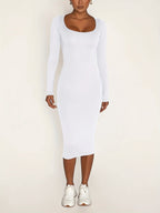 Stretch Winter Dresses Women's Long Sleeve U-Neck Bodycon Midi Jumper Dress