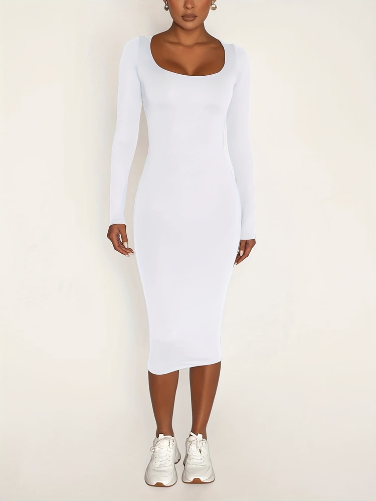 Stretch Winter Dresses Women's Long Sleeve U-Neck Bodycon Midi Jumper Dress
