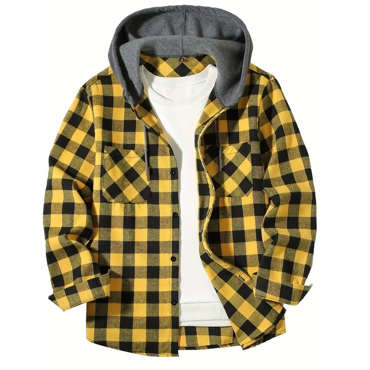 Classic Plaid Shirt for Men, Hooded Flannel Jacket, Casual Button Down with Long Sleeves and Double Pocket Spring Autumn