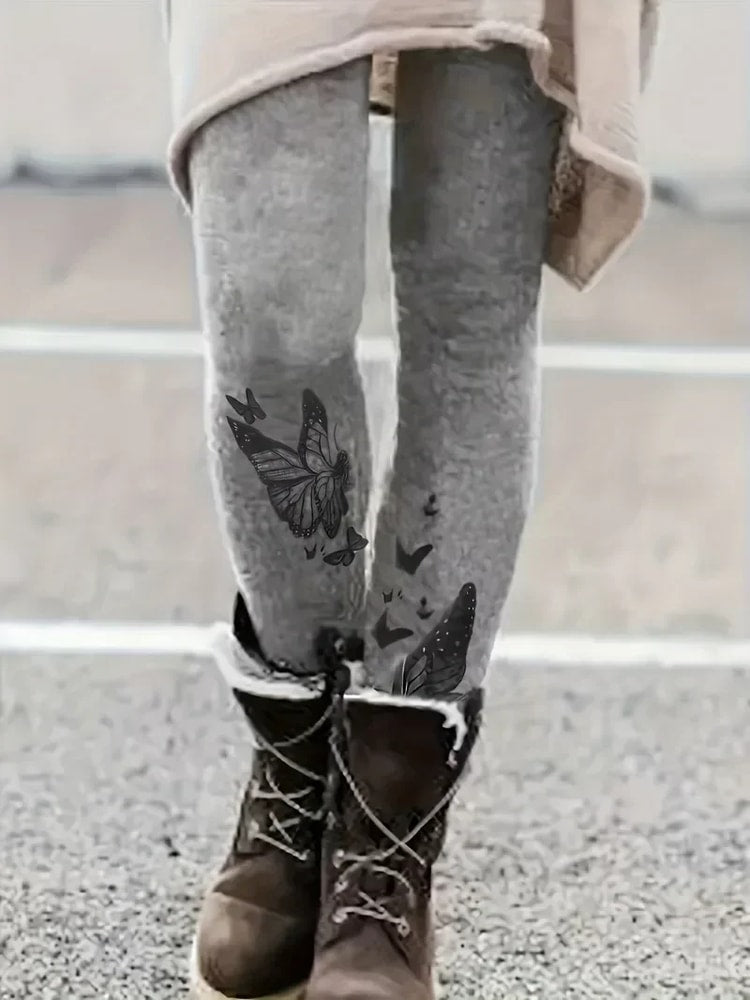 Butterfly Printed Leggings, Womens Plus Size, High Waisted Tights, Casual Long Pants for Spring and Autumn
