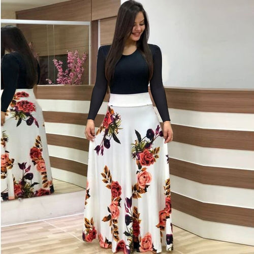 Long Dresses Autumn Flower Color Matching Dresses Women's Clothing