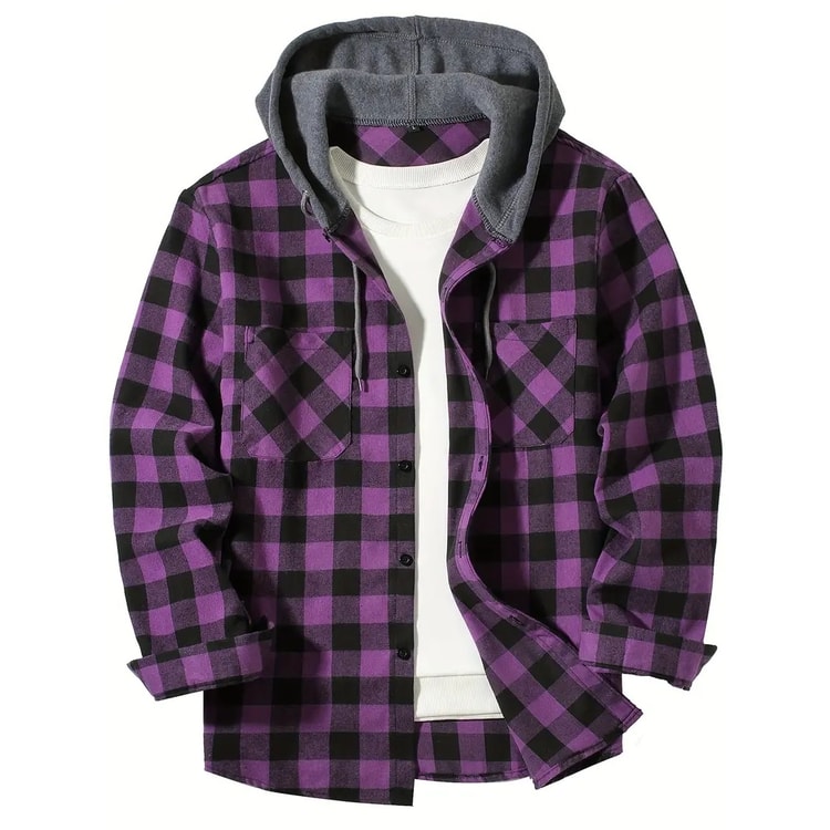 Classic Plaid Shirt for Men, Hooded Flannel Jacket, Casual Button Down with Long Sleeves and Double Pocket Spring Autumn