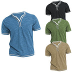 Mens New Cotton Small V-Neck Short Sleeve T-Shirts, Casual Henley Collar Slim Elastic Tops, Stylish Summer Bottoming