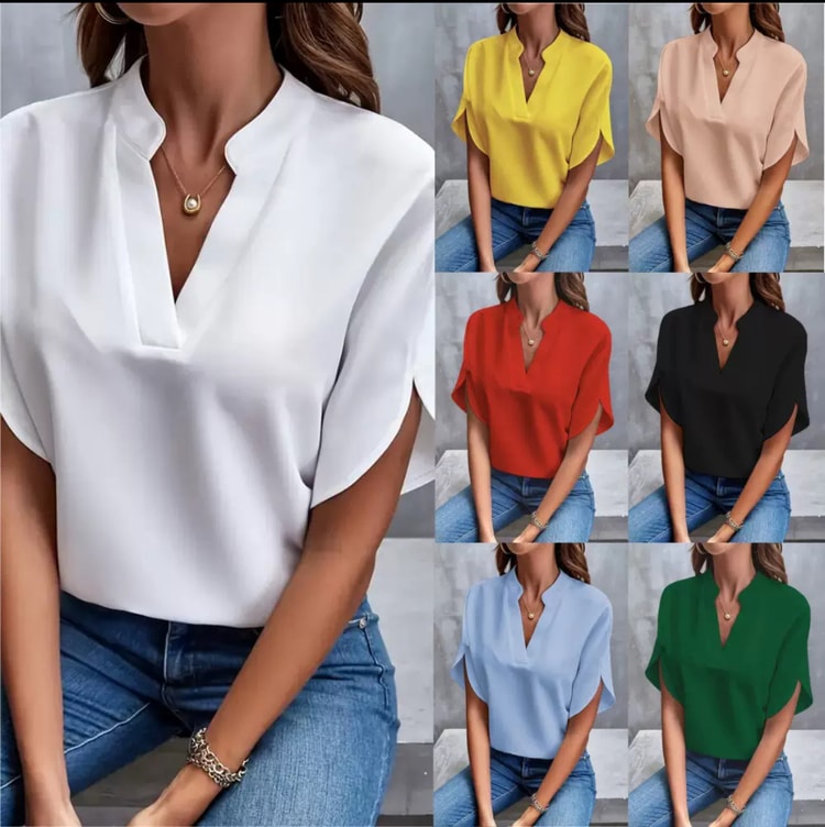 Women Fashion V-neck Half Sleeve Shirts, Summer Casual Blouse, Office Elegant Loose Blusas Tops