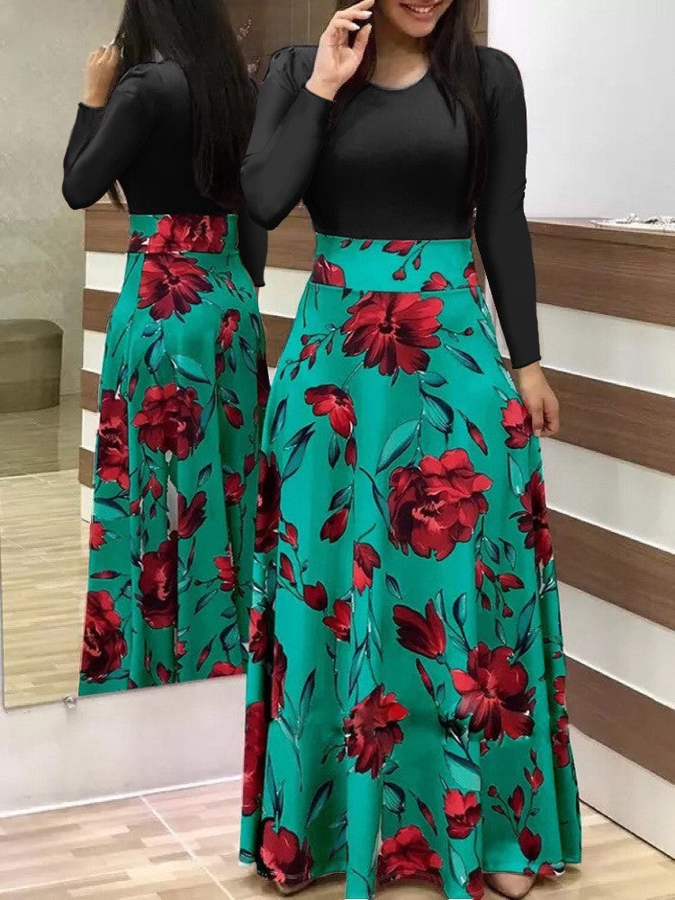Long Dresses Autumn Flower Color Matching Dresses Women's Clothing
