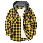 Classic Plaid Shirt for Men, Hooded Flannel Jacket, Casual Button Down with Long Sleeves and Double Pocket Spring Autumn