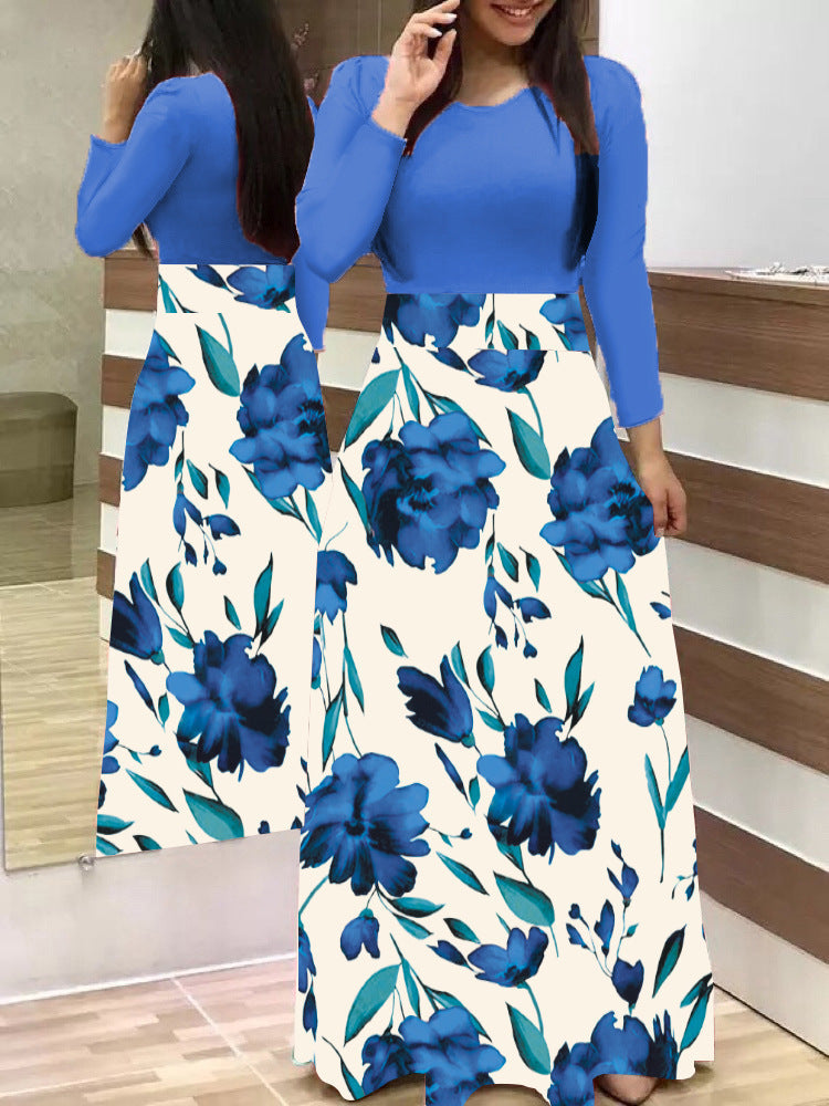 Long Dresses Autumn Flower Color Matching Dresses Women's Clothing